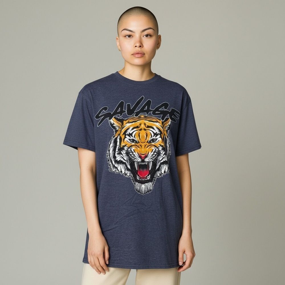 Savage Print Tiger Face Graphic Tee Shirt Navy Short Sleeve Cotton size M